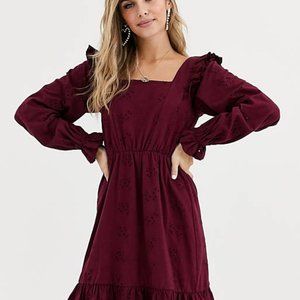 ASOS Design Broderie Mini Dress with Frill Shoulder